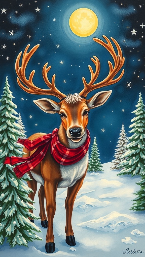 A festive reindeer painting in a snowy landscape with Christmas trees and a starry sky.